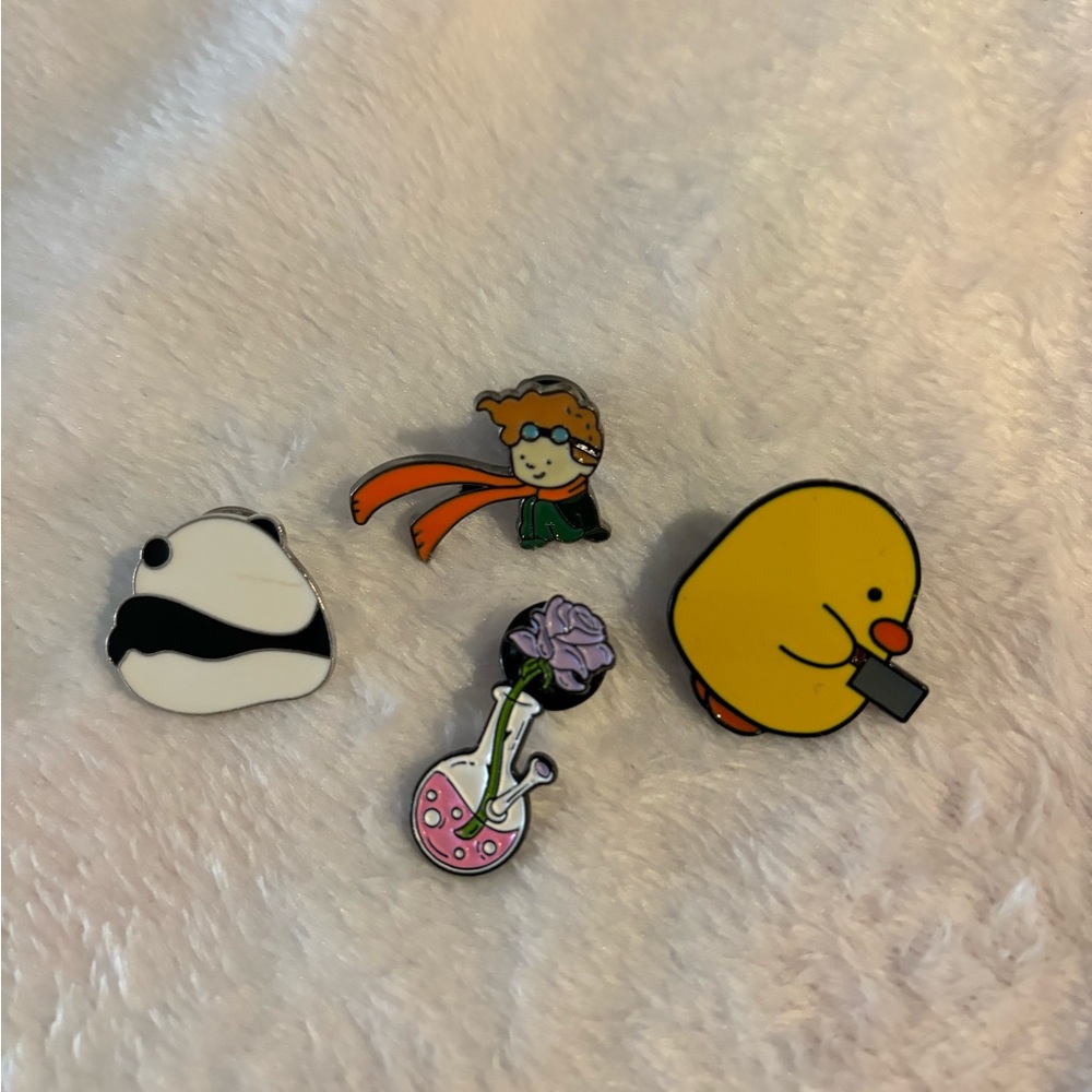 Set of four colorful cute pins, wear on sweaters, jeans or bags